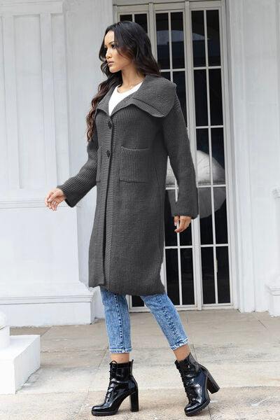 Pocketed Button Up Collared Neck Cardigan - Trendsi