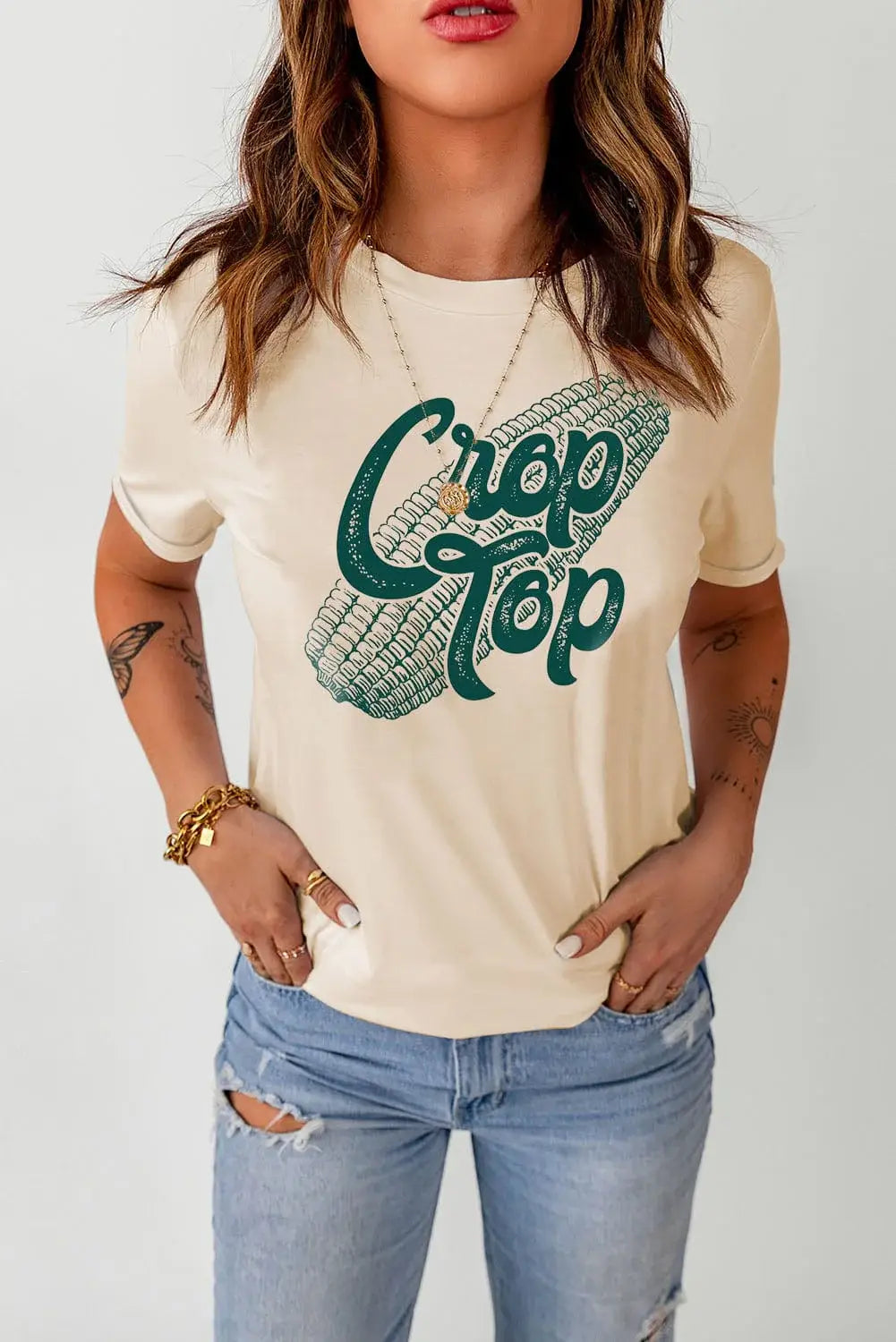 Corn Letter Graphic Cuffed Tee - Trendsi - Flyclothing LLC