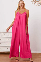 Full Size Ruffle Trim Tie Back Cami Jumpsuit with Pockets - Trendsi - Flyclothing LLC