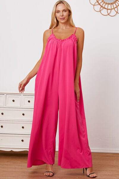 Full Size Ruffle Trim Tie Back Cami Jumpsuit with Pockets - Trendsi - Flyclothing LLC