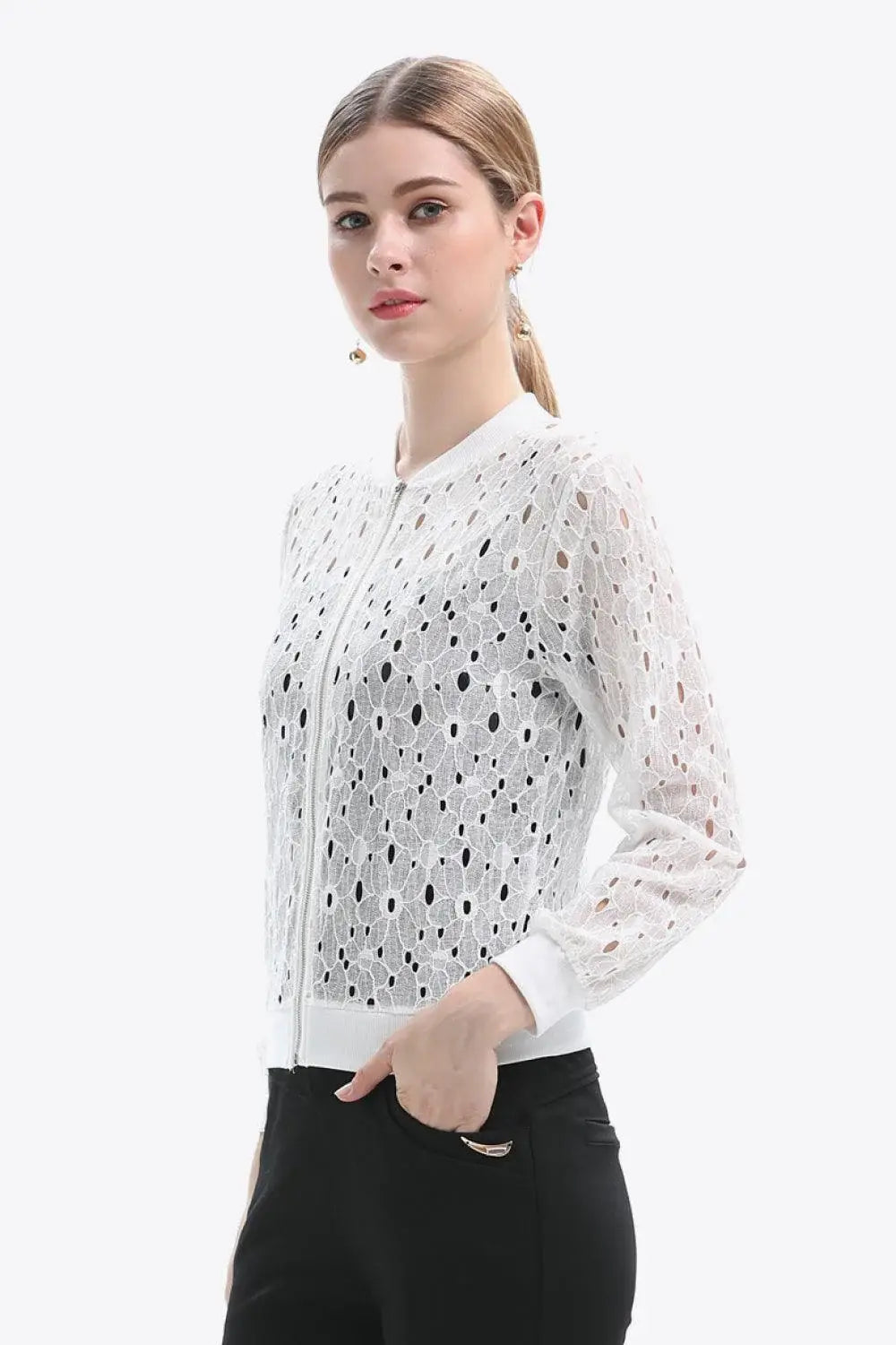 Openwork Zip Up Jacket - Trendsi - Flyclothing LLC