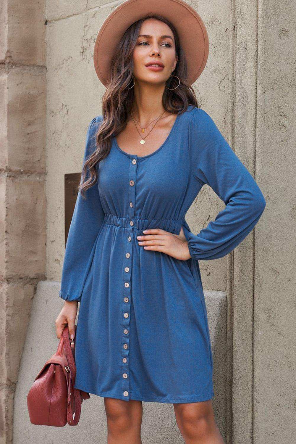 Scoop Neck Empire Waist Long Sleeve Mini Dress - Trendsi - Flyclothing LLC
