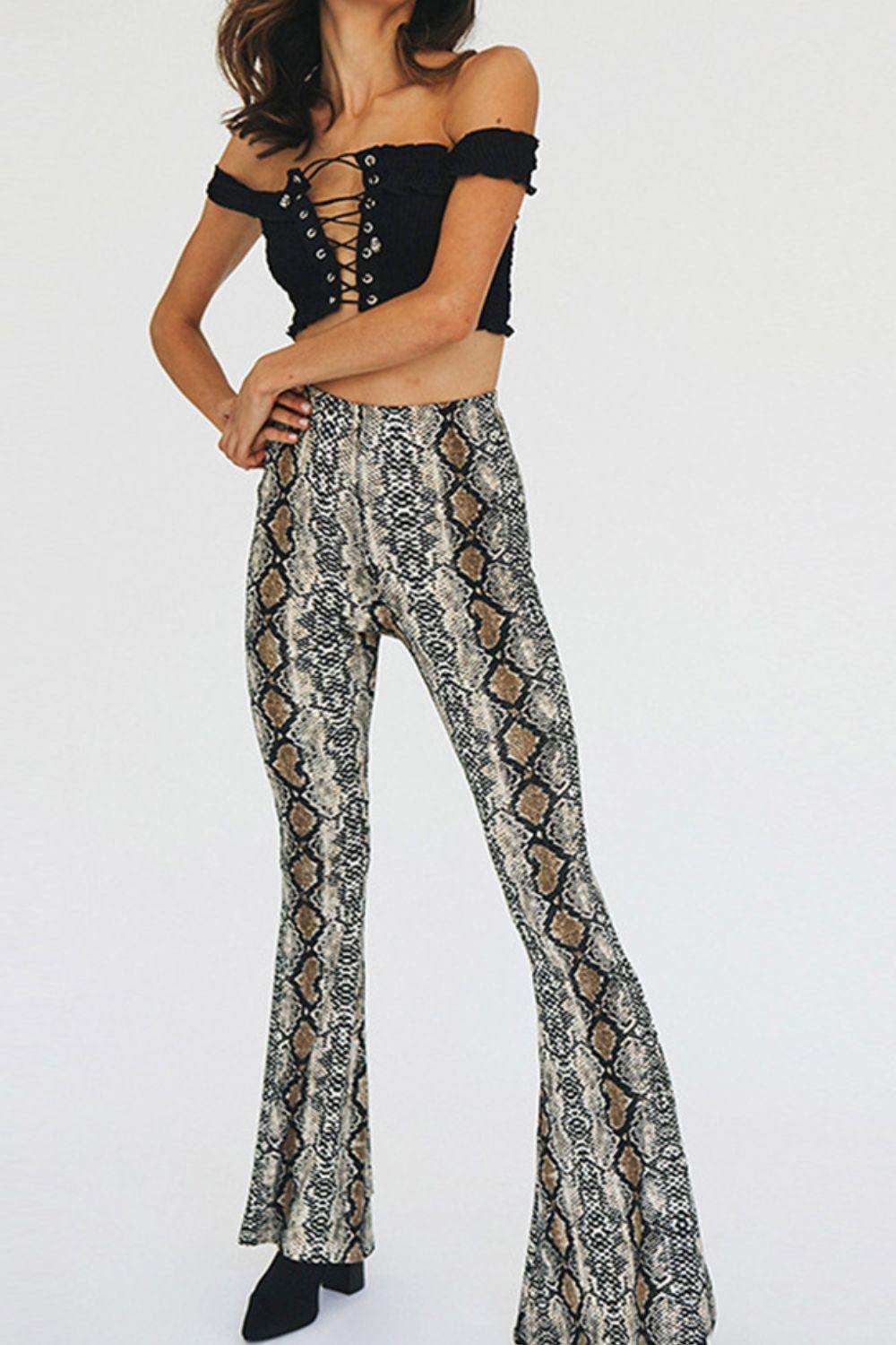 Snakeskin Print Flare Pants - Trendsi - Flyclothing LLC