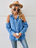 Cold Shoulder Pocketed Button Up Denim Jacket - Trendsi