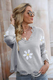 Flower Distressed Ribbed Trim Sweater - Trendsi