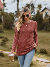 Ribbed Round Neck Long Sleeve Tee - Trendsi - Flyclothing LLC