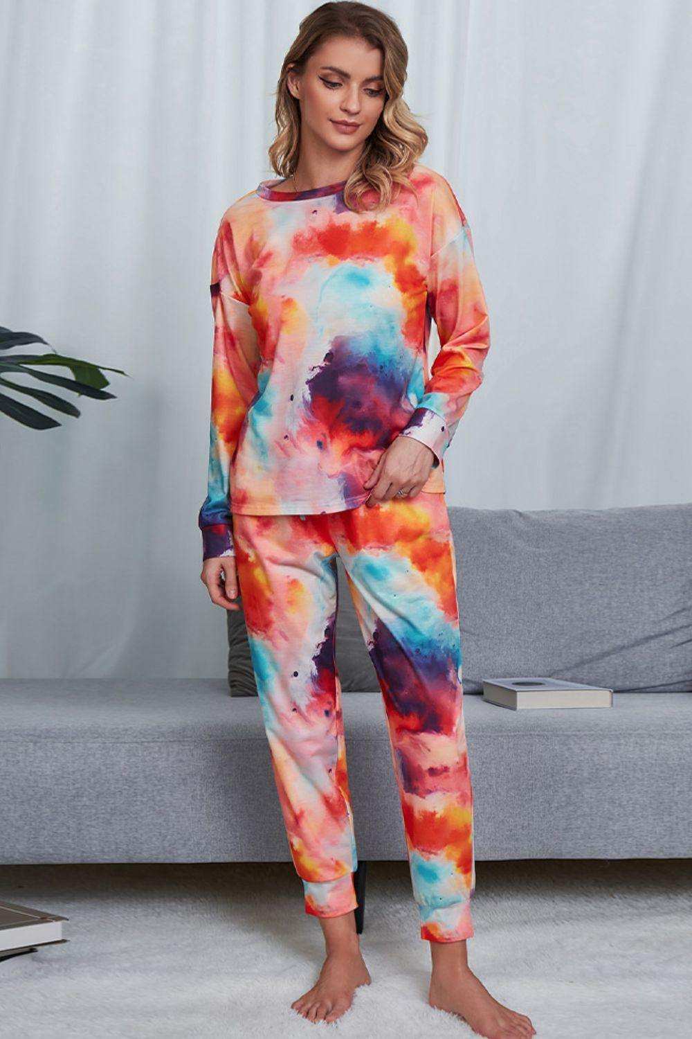 Tie-Dye Crewneck Top and Drawstring Waist Joggers Lounge Set - Trendsi - Flyclothing LLC