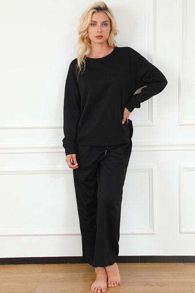 Double Take Full Size Textured Long Sleeve Top and Drawstring Pants Set - Trendsi - Flyclothing LLC