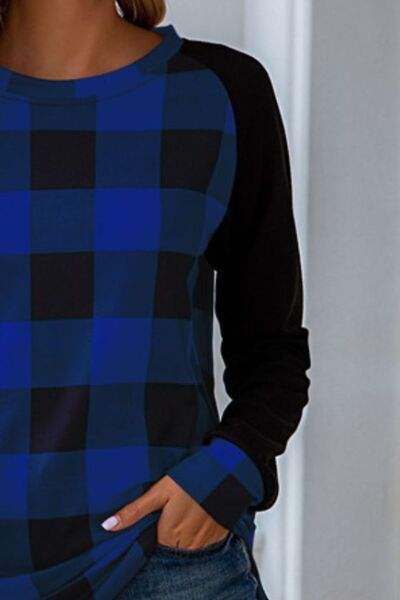 Plaid Round Neck Long Sleeve T-Shirt - Trendsi - Flyclothing LLC