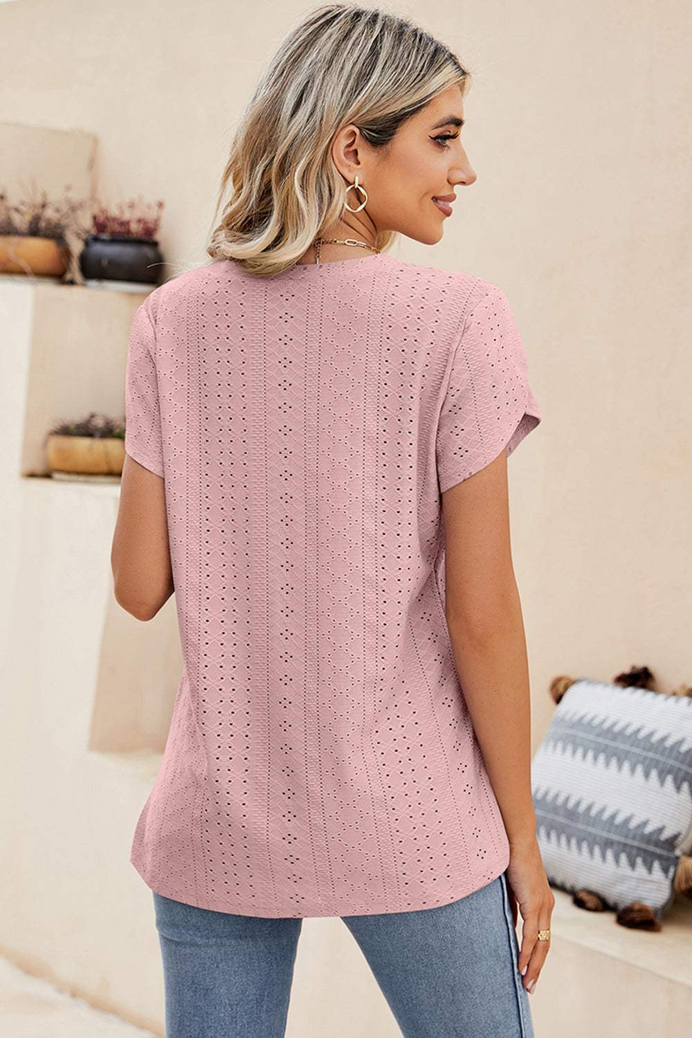 Eyelet V-Neck Petal Sleeve T-Shirt - Trendsi - Flyclothing LLC