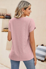 Eyelet V-Neck Petal Sleeve T-Shirt - Trendsi - Flyclothing LLC