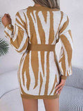 Animal Print V-Neck Long Sleeve Sweater Dress - Trendsi - Flyclothing LLC
