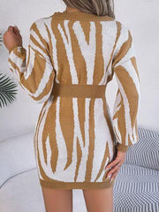 Animal Print V-Neck Long Sleeve Sweater Dress - Trendsi