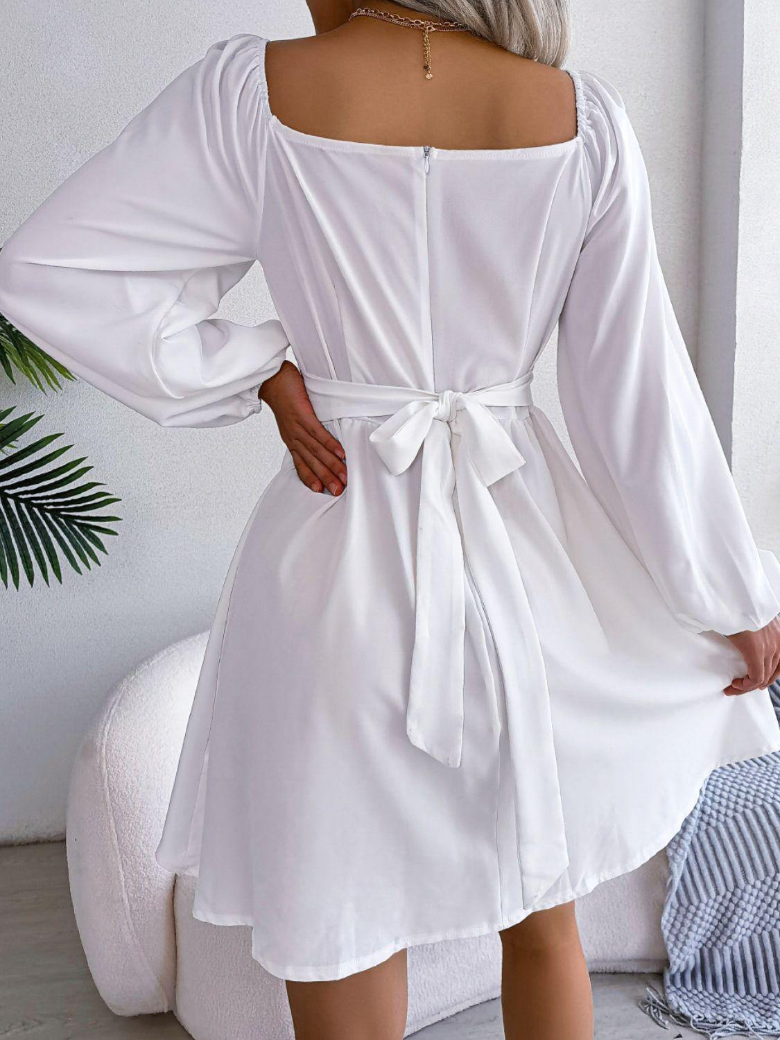 Tied Square Neck Balloon Sleeve Dress - Flyclothing LLC