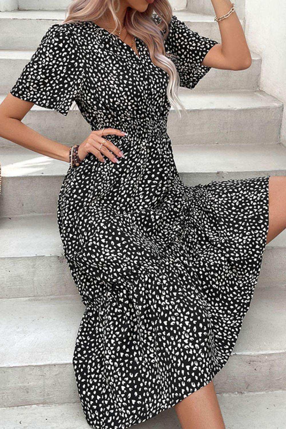 Leopard Print Short Sleeve Midi Dress - Trendsi - Flyclothing LLC