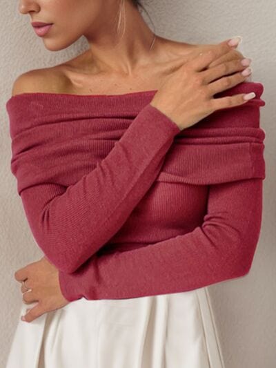 Off-Shoulder Long Sleeve Sweater - Trendsi