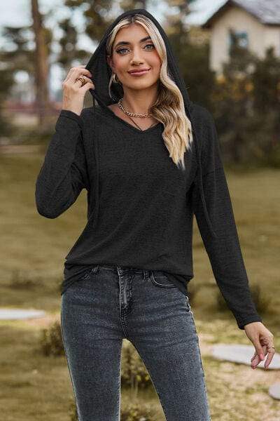 Drawstring Dropped Shoulder Hooded T-Shirt - Trendsi - Flyclothing LLC