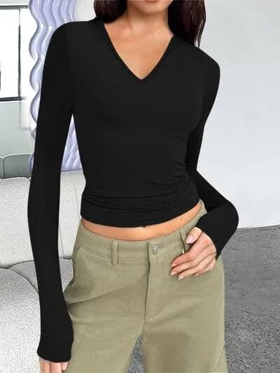 V-Neck Long Sleeve T-Shirt - Trendsi