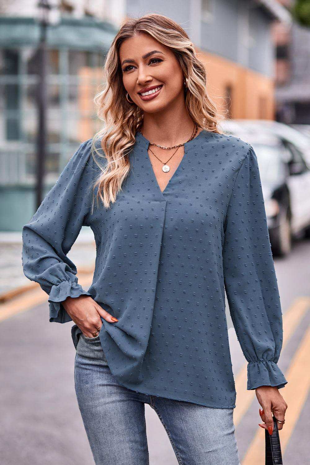 Swiss Dot Notched Neck Flounce Sleeve Blouse - Trendsi - Flyclothing LLC