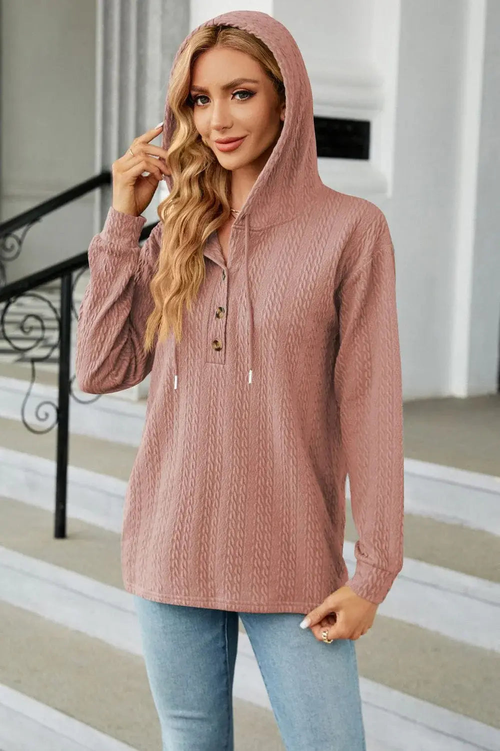 Cable-Knit Long Sleeve Hoodie - Trendsi - Flyclothing LLC