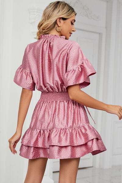 Smocked Tie Neck Flounce Sleeve Dress - Trendsi - Flyclothing LLC