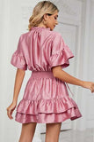 Smocked Tie Neck Flounce Sleeve Dress - Trendsi - Flyclothing LLC