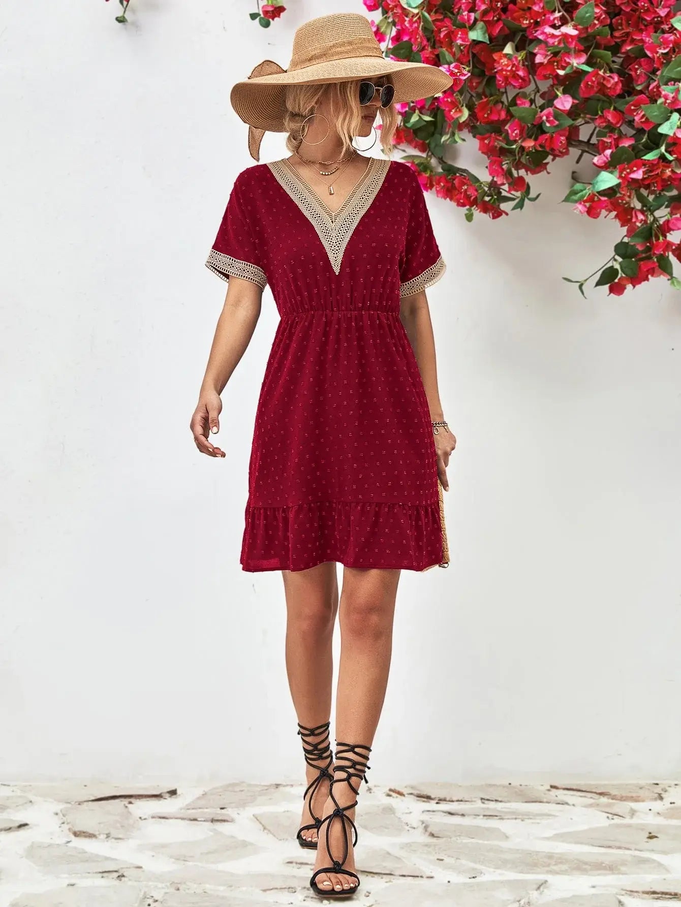 Contrast V-Neck Short Sleeve Mini Dress - Trendsi - Flyclothing LLC