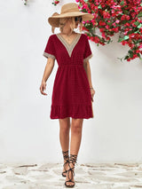 Contrast V-Neck Short Sleeve Mini Dress - Trendsi - Flyclothing LLC