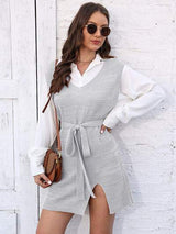 Tie Front V-Neck Sleeveless Slit Sweater Dress - Trendsi - Flyclothing LLC