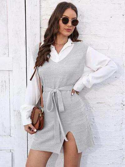 Tie Front V-Neck Sleeveless Slit Sweater Dress - Trendsi - Flyclothing LLC