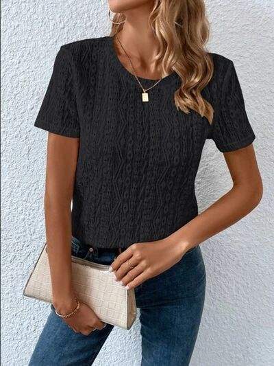 Eyelet Round Neck Short Sleeve T-Shirt - Trendsi - Flyclothing LLC