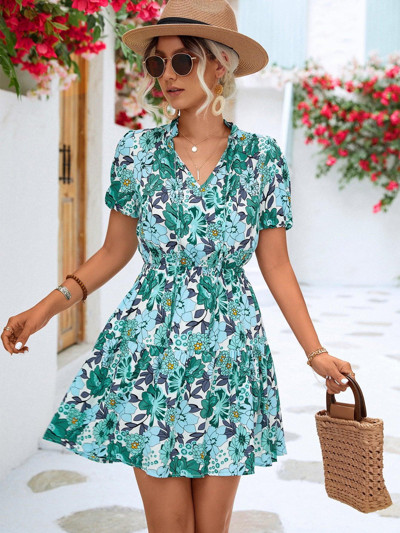 Floral Tie Neck Puff Sleeve Tiered Dress - Flyclothing LLC