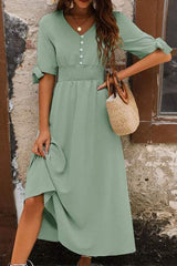 Smocked Quarter Button Short Sleeve Dress - Trendsi - Flyclothing LLC