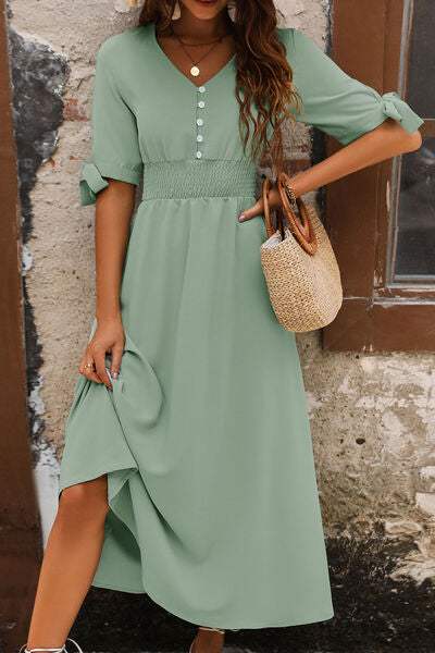 Smocked Quarter Button Short Sleeve Dress - Trendsi - Flyclothing LLC