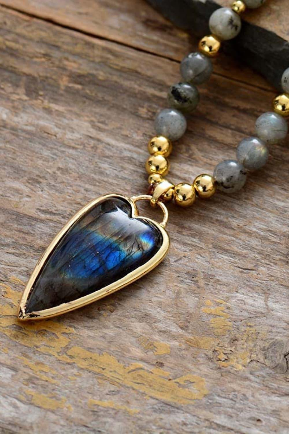 Natural Stone Pendant Beaded Necklace - Trendsi