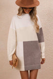 Color Block Mock Neck Dropped Shoulder Sweater Dress - Trendsi - Flyclothing LLC