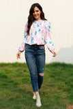 Floral Smocked Balloon Sleeve Round Neck Blouse - Trendsi