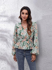 Floral V-Neck Balloon Sleeve Peplum Blouse - Trendsi