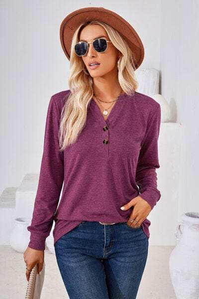 Notched Button Detail Long Sleeve T-Shirt - Trendsi - Flyclothing LLC