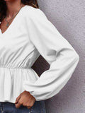 V-Neck Balloon Sleeve Peplum Blouse - Trendsi - Flyclothing LLC