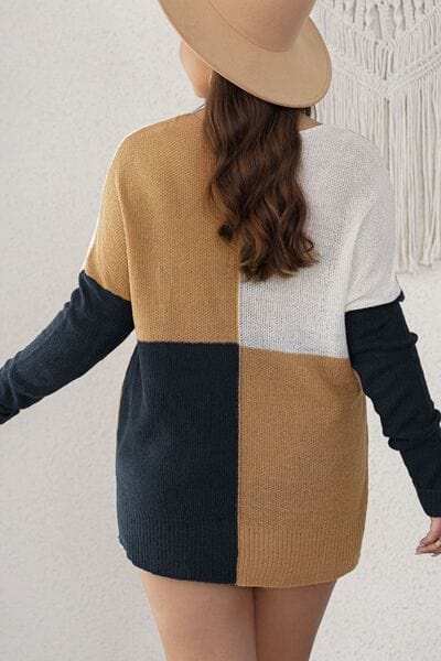 Plus Size Color Block Round Neck Sweater - Trendsi - Flyclothing LLC