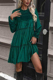 Smocked Balloon Sleeve Frill Trim Tiered Dress - Trendsi - Flyclothing LLC
