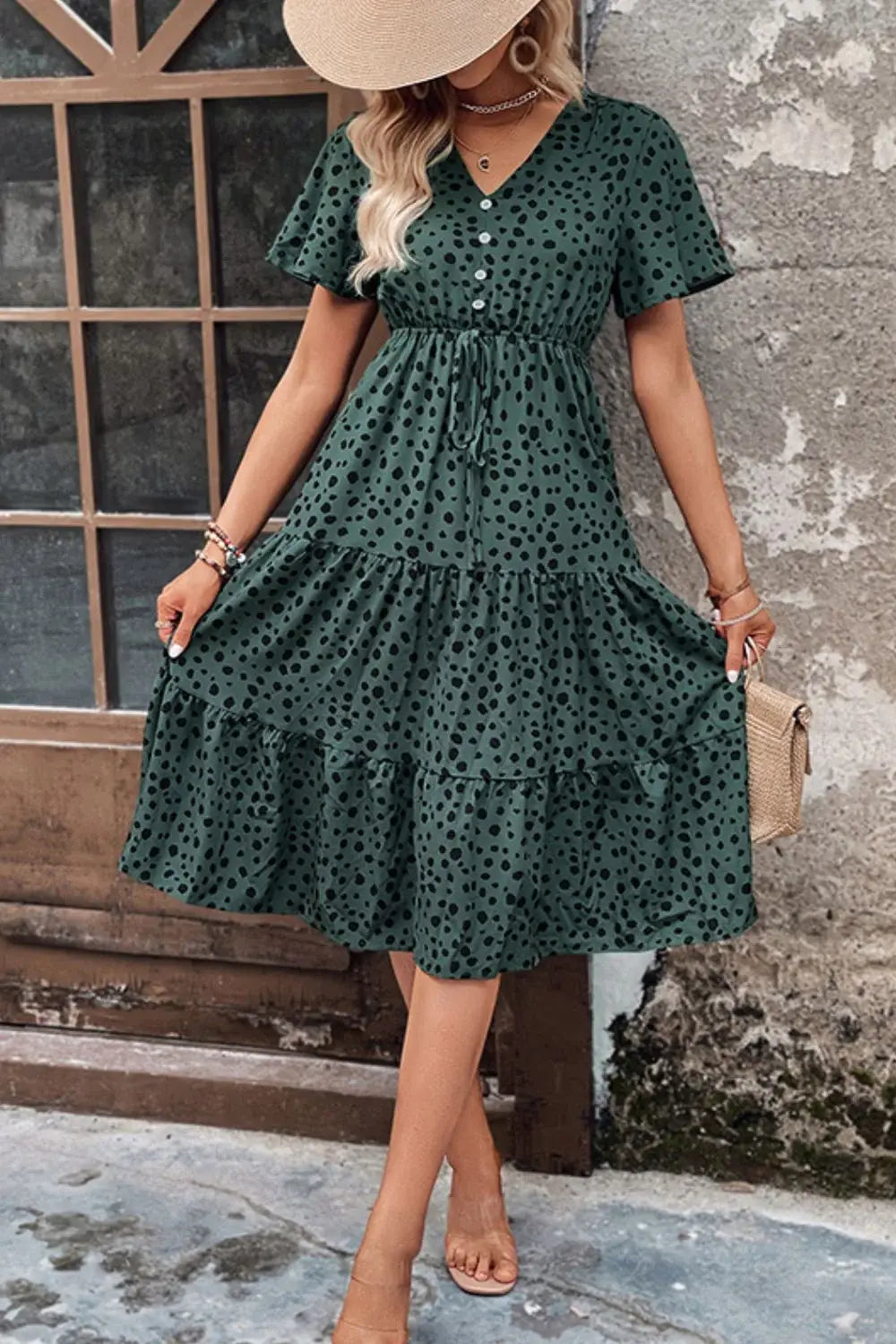 Printed Buttoned V-Neck Flutter Sleeve Dress - Trendsi - Flyclothing LLC