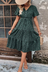 Printed Buttoned V-Neck Flutter Sleeve Dress - Trendsi - Flyclothing LLC