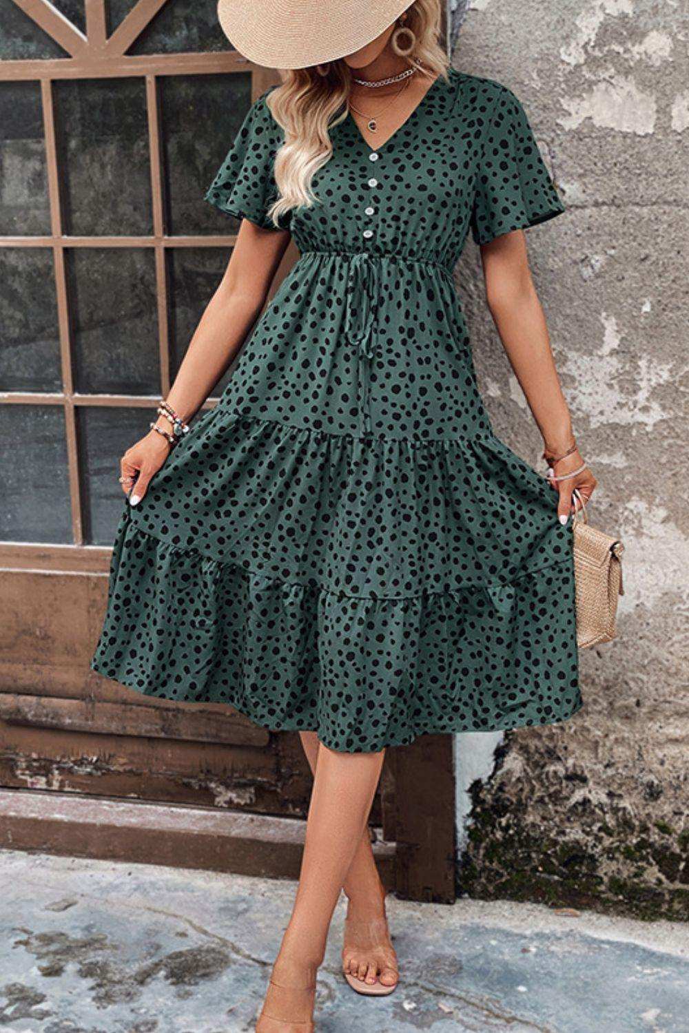 Printed Buttoned V-Neck Flutter Sleeve Dress - Trendsi - Flyclothing LLC
