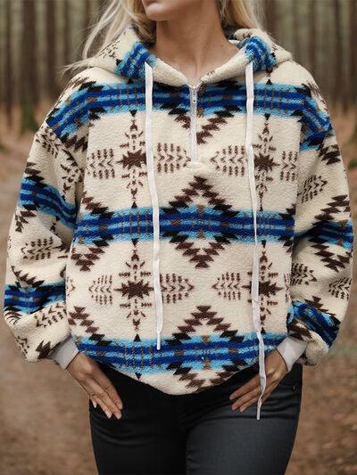 Geometric Half Zip Drawstring Long Sleeve Hoodie - Trendsi