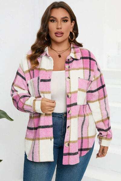 Plaid Button Up Dropped Shoulder Jacket - Trendsi - Flyclothing LLC