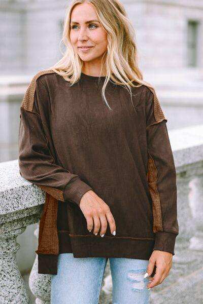 Ribbed Exposed Seam Dropped Shoulder Blouse - Trendsi - Flyclothing LLC
