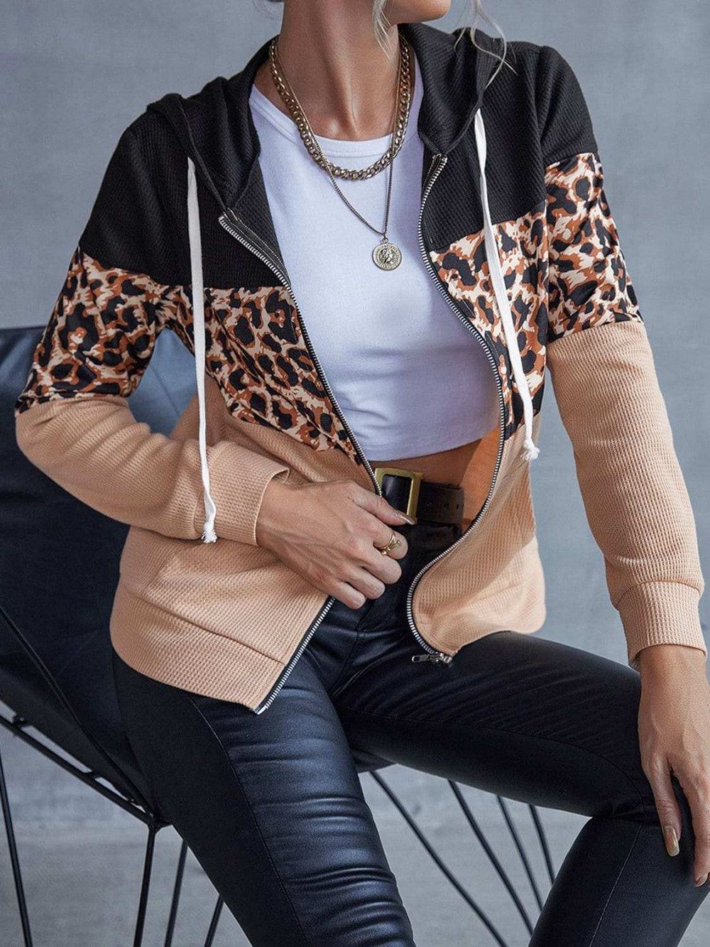Drawstring Leopard Zip Up Hooded Jacket - Trendsi - Flyclothing LLC