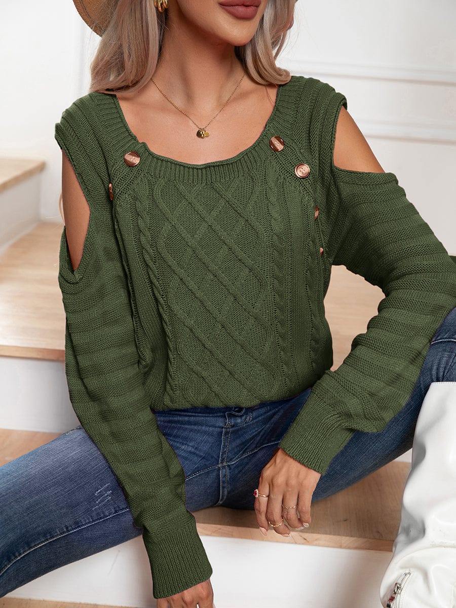 Decorative Button Cold-Shoulder Sweater - Trendsi